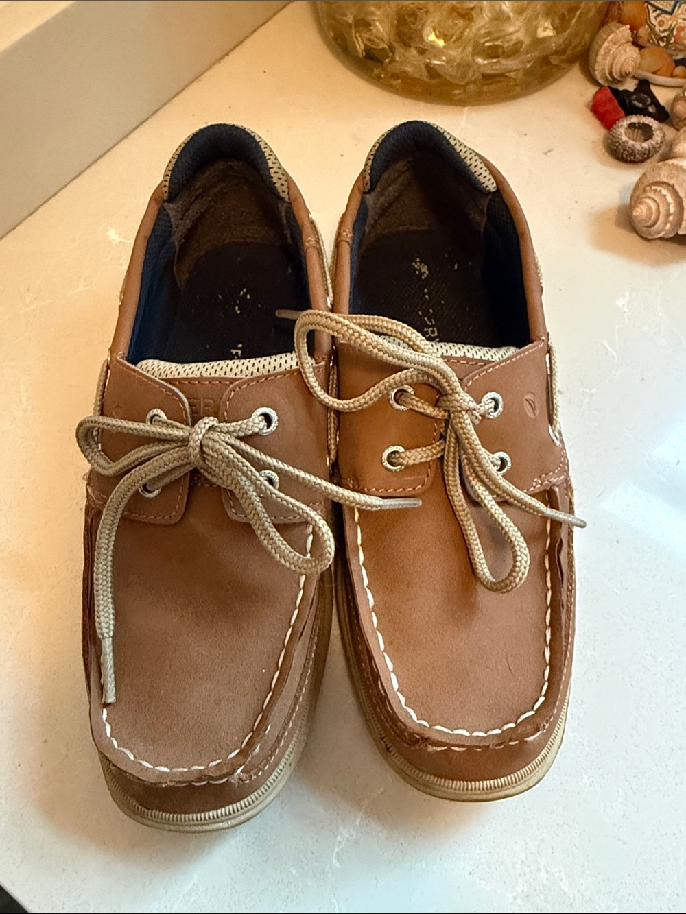 Sperry Kids Tan Suede Boat Shoes with Beige Laces